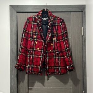 Zara Red Plaid Blazer with Gold Buttons